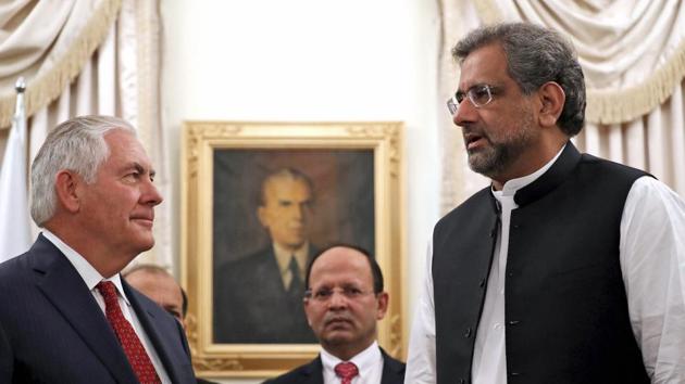 US Secretary of State Rex Tillerson (right) is greeted by Pakistani Prime Minister Shahid Khan Abbasi, before their meeting at the Prime Minister's residence on Tuesday. (AP) US Secretary of State Rex Tillerson (right) is greeted by Pakistani Prime Minister Shahid Khan Abbasi, before their meeting at the Prime Minister's residence on Tuesday. (AP)