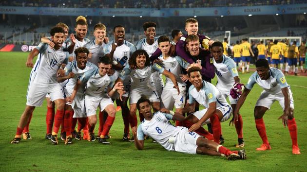 England players celebrate their win over Brazil in Wednesday’s FIFA U-17 World Cup semi-final in Kolkata. (REUTERS) England players celebrate their win over Brazil in Wednesday’s FIFA U-17 World Cup semi-final in Kolkata. (REUTERS)