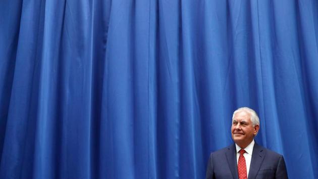 US Secretary of State Rex Tillerson waits to be introduced before speaking to staff members at the US Mission to the UN on Thursday in Geneva, Switzerland.(AFP)