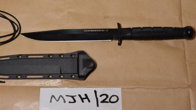 The knife presented as evidence in the terrorism trial of Madihah Taheer and Ummariyat Mirza  in London. (REUTERS)