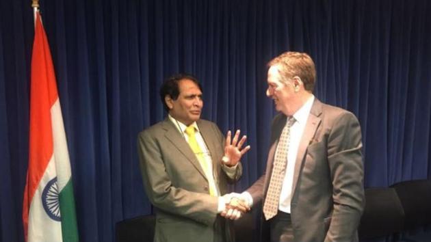 Commerce minister Suresh Prabhu meets US Trade Representative Robert Lighthizer.(Suresh Prabhu tweet/Twitter)