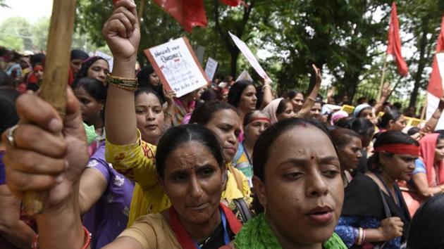 District president of the workers’ union, Beant Kaur said their intention on Wednesday was for a peaceful dharna inside the complex but police didn’t allow them to enter and they were forced to hold a sit-in on a thoroughfare. (Representative image) District president of the workers’ union, Beant Kaur said their intention on Wednesday was for a peaceful dharna inside the complex but police didn’t allow them to enter and they were forced to hold a sit-in on a thoroughfare. (Representative image)