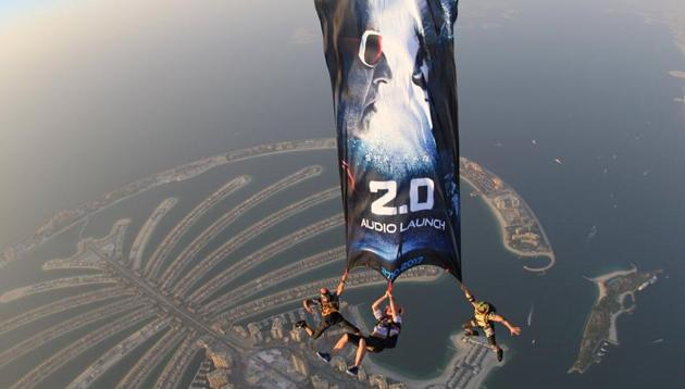 The poster of Rajinikanth and Akshay Kumar’s 2.0 over Palm Jumeirah The poster of Rajinikanth and Akshay Kumar’s 2.0 over Palm Jumeirah