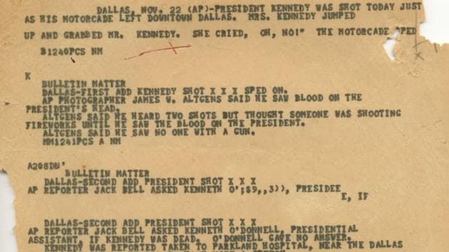 This Nov. 22, 1963, file photo shows an Associated Press ‘A wire copy’ edited for the teletypesetter circuit, reporting on the assignation of President John F. Kennedy in Dallas. (AP) This Nov. 22, 1963, file photo shows an Associated Press ‘A wire copy’ edited for the teletypesetter circuit, reporting on the assignation of President John F. Kennedy in Dallas. (AP)