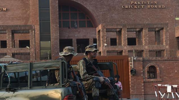 Pakistani soldiers patrol outside the Gaddafi Cricket Stadium, where the last T20 cricket match is scheduled between Pakistan and Sri Lanka, in Lahore on October 25, 2017. Pakistan will look to transfer the momentum from their one-day whitewash against Sri Lanka into the three Twenty20 internationals starting in Abu Dhabi on October 26 and ending in Lahore three days later. Off the field too, Pakistan will hope to build on their efforts to revive international cricket back home with the last match to be played in Lahore on October 29. (AFP) Pakistani soldiers patrol outside the Gaddafi Cricket Stadium, where the last T20 cricket match is scheduled between Pakistan and Sri Lanka, in Lahore on October 25, 2017. Pakistan will look to transfer the momentum from their one-day whitewash against Sri Lanka into the three Twenty20 internationals starting in Abu Dhabi on October 26 and ending in Lahore three days later. Off the field too, Pakistan will hope to build on their efforts to revive international cricket back home with the last match to be played in Lahore on October 29. (AFP)