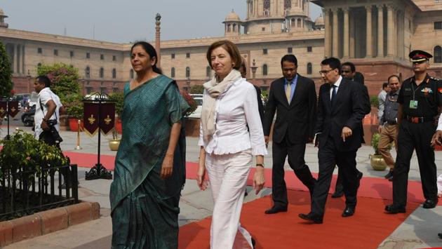 France’s Florence Parley meeting Defence Minister Nirmala Sitharaman on Friday.(Mohd Zakir / HT PHOTO)