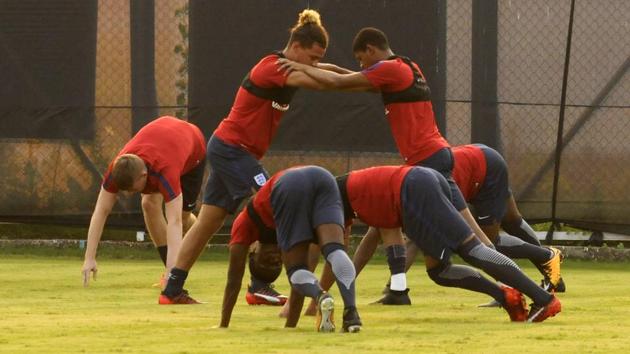 England players during a training session on the eve of the final against Spain at the Salt Lake Stadium practice ground in Kolkata on Friday. (Samir Jana/HT PHOTO)