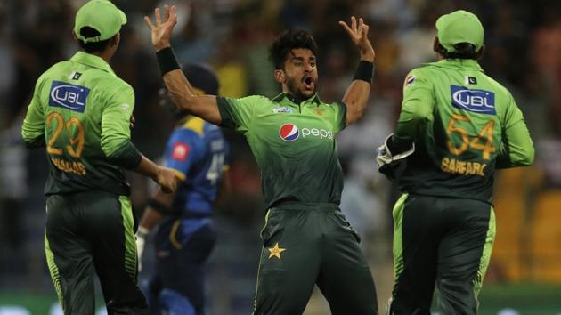 Pakistan's Hasan Ali celebrates dismissal of Sri Lanka's Sachith Pathirana during the first T20I in Abu Dhabi, United Arab Emirates. Ali finished with figures of 3-23 as Pakistan beat Sri Lanka and took a 1-0 lead in the three-match series. (AP) Pakistan's Hasan Ali celebrates dismissal of Sri Lanka's Sachith Pathirana during the first T20I in Abu Dhabi, United Arab Emirates. Ali finished with figures of 3-23 as Pakistan beat Sri Lanka and took a 1-0 lead in the three-match series. (AP)