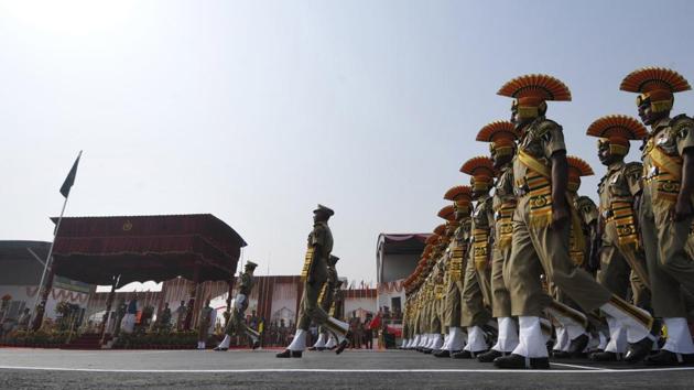 Union home minister Rajnath Singh gets the guard of honour during the 56th Raising Day of the Indo Tibetan Border Police (ITBP) force at Greater Noida on October 24, 2017. (Sunil Ghosh / HT Photo)