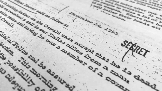 Part of a file, dated Nov. 24, 1963, quoting FBI director J. Edgar Hoover as he talks about the death of Lee Harvey Oswald, released for the first time on Thursday, Oct. 26, 2017. The public is getting a look at thousands of secret government files related to JFK’s assassination, but President Donald Trump delayed the release of some of the files, citing security concerns. (Jon Elswick / AP) Part of a file, dated Nov. 24, 1963, quoting FBI director J. Edgar Hoover as he talks about the death of Lee Harvey Oswald, released for the first time on Thursday, Oct. 26, 2017. The public is getting a look at thousands of secret government files related to JFK’s assassination, but President Donald Trump delayed the release of some of the files, citing security concerns. (Jon Elswick / AP)