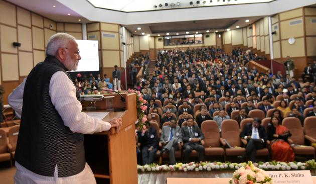 Prime Minister Narendra Modi addresses trainee IAS officers at the Lal Bahadur Shastri National Academy of Administration  in Mussoorie in Uttarakhand on Friday. (PIB Photo)