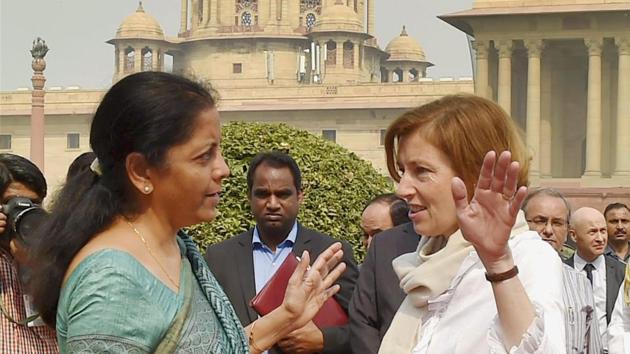 Defence minister Nirmala Sitharaman with her French counterpart Florence Parly at the South Block in New Delhi on Friday. (PTI)