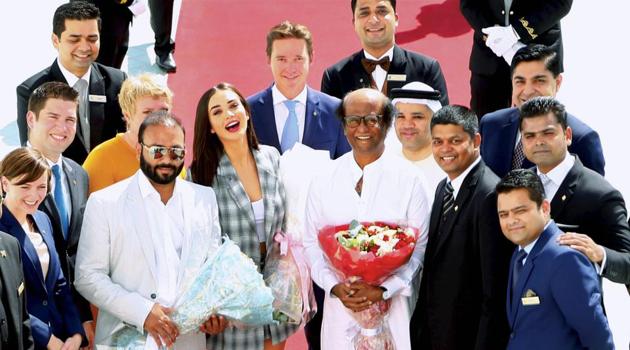 Rajinikanth and Amy Jackson arrive for the audio launch of their upcoming flick 2.0, at a grand function in Dubai on Thursday. (PTI) Rajinikanth and Amy Jackson arrive for the audio launch of their upcoming flick 2.0, at a grand function in Dubai on Thursday. (PTI)
