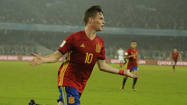 Sergio Gomez gave Spain an early lead in the game, finishing off from close range. (Samir Jana/HT PHOTO)