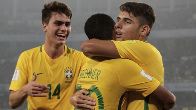 Brazil's Yuri Alberto, right, celebrates with teammates after scoring a goal during the FIFA U-17 World Cup match against Mali. (AP)