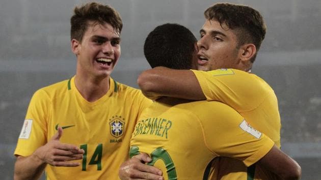 Brazil's Yuri Alberto, right, celebrates with teammates after scoring a goal during the FIFA U-17 World Cup match against Mali. (AP) Brazil's Yuri Alberto, right, celebrates with teammates after scoring a goal during the FIFA U-17 World Cup match against Mali. (AP)