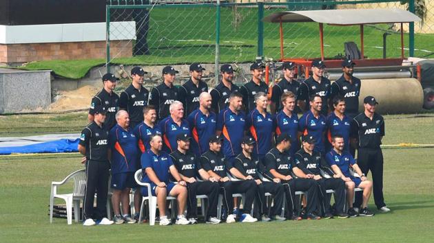 New Zealand players, along with the officials, pose for a group photo. (PTI)