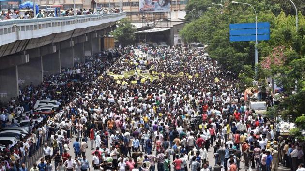 Textile traders take out a rally during protests against the Goods and Services Tax in Surat in July. (PTI file) Textile traders take out a rally during protests against the Goods and Services Tax in Surat in July. (PTI file)