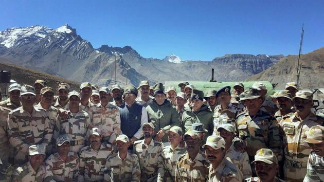 Union home minister Rajnath Singh in a group photograph during his visit to the ITBP Border Out Post in Lapthal, Uttarakhand.(PTI FILE) Union home minister Rajnath Singh in a group photograph during his visit to the ITBP Border Out Post in Lapthal, Uttarakhand.(PTI FILE)