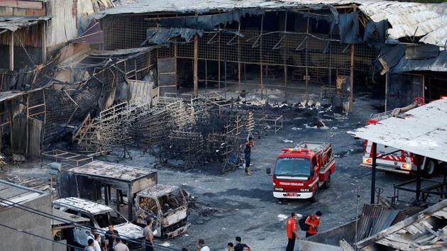 Fire fighters and policemen inside the fireworks factory at Kosambi village in Tangerang, Indonesia, on Thursday.(Reuters file) Fire fighters and policemen inside the fireworks factory at Kosambi village in Tangerang, Indonesia, on Thursday.(Reuters file)