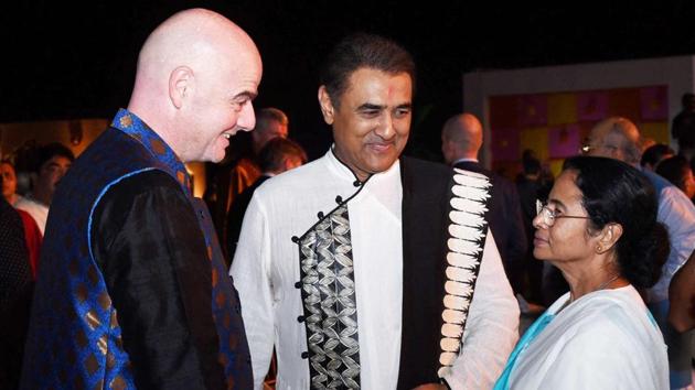West Bengal Chief Minister Mamata Banerjee with FIFA President Gianni Infantino and AIFF President Praful Patel during a dinner party in Kolkata on Friday. (PTI) West Bengal Chief Minister Mamata Banerjee with FIFA President Gianni Infantino and AIFF President Praful Patel during a dinner party in Kolkata on Friday. (PTI)