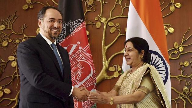 External affairs minister Sushma Swaraj and her Afghan counterpart Salahuddin Rabbani flagged off the shipment of wheat from India to Afghanistan through video conferencing. (PTI File Photo) External affairs minister Sushma Swaraj and her Afghan counterpart Salahuddin Rabbani flagged off the shipment of wheat from India to Afghanistan through video conferencing. (PTI File Photo)
