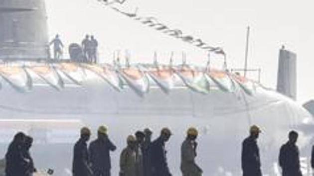 Khanderi, the second of Indian Navy’s Scorpene’ class stealth submarine. (HT File Photo) Khanderi, the second of Indian Navy’s Scorpene’ class stealth submarine. (HT File Photo)