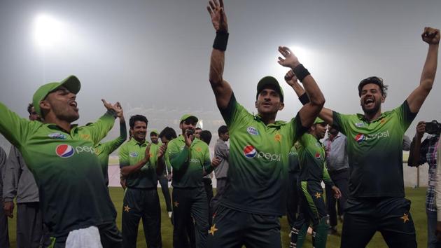 Pakistan cricket team players celebrate after winning the third and final T20 match against Sri Lanka in Lahore. (AFP) Pakistan cricket team players celebrate after winning the third and final T20 match against Sri Lanka in Lahore. (AFP)