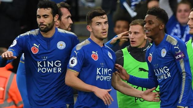 Leicester City midfielder Demarai Gray (R) celebrates the team's second goal against Everton. (AFP) Leicester City midfielder Demarai Gray (R) celebrates the team's second goal against Everton. (AFP)