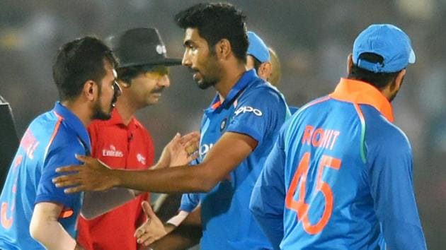 Jasprit Bumrah and Yuzvendra Chahal (L) celebrate after India’s victory over New Zealand in the 3rd ODI in Kanpur. (PTI) Jasprit Bumrah and Yuzvendra Chahal (L) celebrate after India’s victory over New Zealand in the 3rd ODI in Kanpur. (PTI)