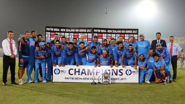 Indian cricket players celebrate after winning the final ODI at Kanpur. (BCCI )
