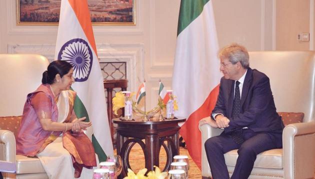 External affairs minister Sushma Swaraj meets Italian Prime Minister Paolo Gentiloni on Monday. (Photo: MEA Twitter) External affairs minister Sushma Swaraj meets Italian Prime Minister Paolo Gentiloni on Monday. (Photo: MEA Twitter)