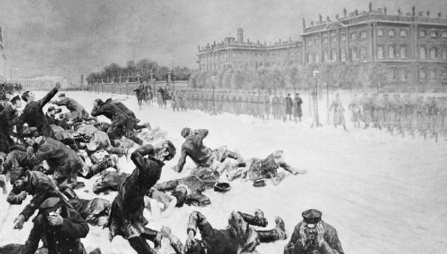 An artistic impression of Bloody Sunday in St Petersburg, Russia, when unarmed demonstrators marching to present a petition to Tsar Nicholas II were shot at by the Imperial Guard in front of the Winter Palace on 22 January 1905. (Wikimedia Commons) An artistic impression of Bloody Sunday in St Petersburg, Russia, when unarmed demonstrators marching to present a petition to Tsar Nicholas II were shot at by the Imperial Guard in front of the Winter Palace on 22 January 1905. (Wikimedia Commons)