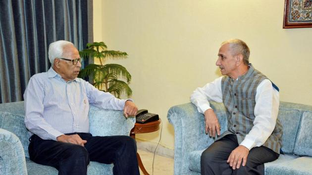 Dineshwar Sharma (right), the Centre's special representative for talks on Kashmir, calls J&K governor NN Vohra, New Delhi, October 29 (PTI)