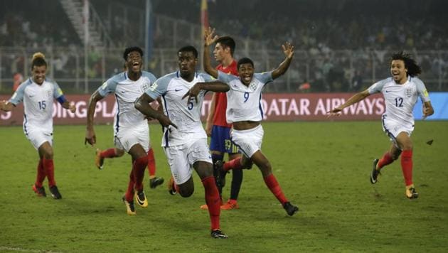 England's Marc Guehi celebrates after scoring the third goal for his team during the FIFA U-17 World Cup final match between England and Spain in Kolkata, India. England won the final 5-2. (AP) England's Marc Guehi celebrates after scoring the third goal for his team during the FIFA U-17 World Cup final match between England and Spain in Kolkata, India. England won the final 5-2. (AP)