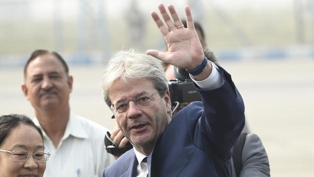 Italian Prime Minister Paolo Gentiloni waves after his arrival at Palam Air Force station in New Delhi Sunday. (HT Photo) Italian Prime Minister Paolo Gentiloni waves after his arrival at Palam Air Force station in New Delhi Sunday. (HT Photo)