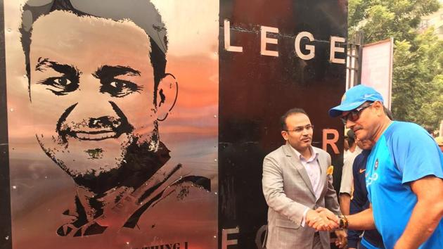 Virender Sehwag poses with Indian cricket team coach Ravi Shastri. (BCCI)