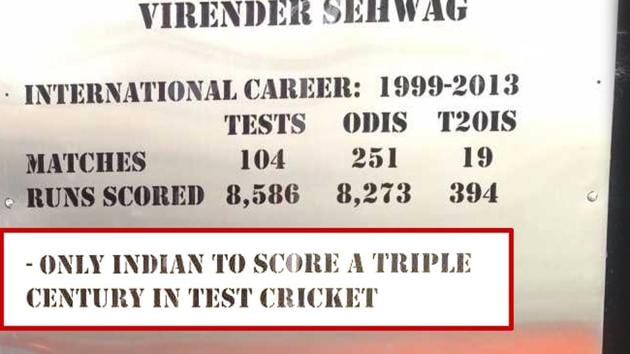 A gate at the Feroz Shah Kotla dedicated to cricket legend Virender Sehwag has his wrong Test statistics. Sehwag is one of the two Indians to have scored a Test triple hundred. Karun Nair is the other (HT Photo) A gate at the Feroz Shah Kotla dedicated to cricket legend Virender Sehwag has his wrong Test statistics. Sehwag is one of the two Indians to have scored a Test triple hundred. Karun Nair is the other (HT Photo)