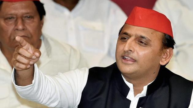 Samajwadi Party chief and former Uttar Pradesh chief minister Akhilesh Yadav addresses a press conference at the party office in Lucknow.(PTI File Photo)