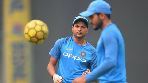 Kuldeep Yadav (L) in action during the practice session. (AFP)