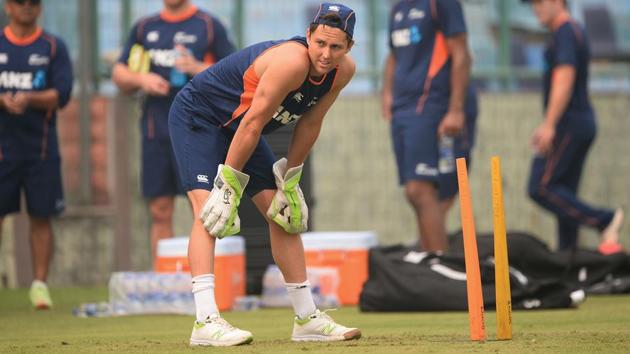 Trent Boult playing as a wicketkeeper during the practice session. (AFP)