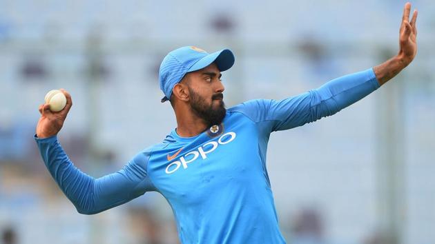 Indian cricketer KL Rahul throws a ball during the practice session. (AFP)