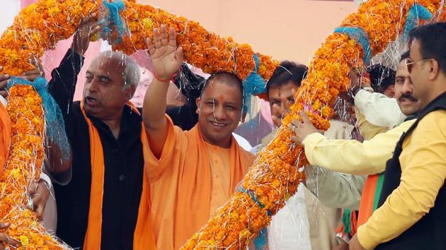 Uttar Pradesh chief minister Yogi Adityanath during an election rally in Nagrota Bagwan.(Shyam Sharma/HT)