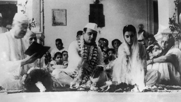 Indira Gandhi with politician and journalist Feroze Gandhi during their wedding in Allahabad on October 8, 1942. Feroze asserted his love to Indira in 1933 but his proposal was rejected by her mother. In subsequent years, Feroze came closer to the Nehru family while supporting Indira as her mother’s condition worsened. The couple married in the spring of 1942. (Keystone / Hulton Archive / Getty Images)