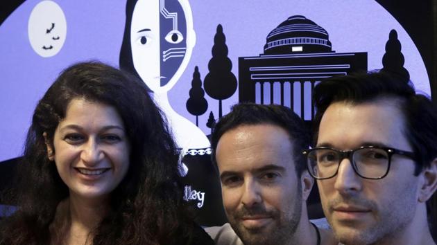 Creators of Shelley, a fiction-writing chatbot. (From left) MIT postdoctoral associate Pinar Yanardag, from Istanbul, MIT research scientist Manuel Cebrian, from Madrid, and MIT associate professor Iyad Rahwan, from Aleppo pose for a photograph in front of a graphic from the home page of the site called Shelley.(AP Photo/Steven Senne) Creators of Shelley, a fiction-writing chatbot. (From left) MIT postdoctoral associate Pinar Yanardag, from Istanbul, MIT research scientist Manuel Cebrian, from Madrid, and MIT associate professor Iyad Rahwan, from Aleppo pose for a photograph in front of a graphic from the home page of the site called Shelley.(AP Photo/Steven Senne)