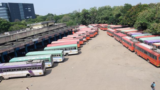 Buses parked at PCMC ST depot.(HT Photo)