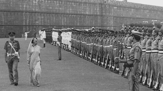 Indira Gandhi inspects the guard of honor during the Independence day parade on August 15, 1983. She was sworn in as the first women Prime Minister of India in the winter of 1966. Serving her first term till March 1977 and again from January 1980 until her assassination in October 1984, she became the second longest serving Prime Minister after her father. (KK Chawla / HT Photo)