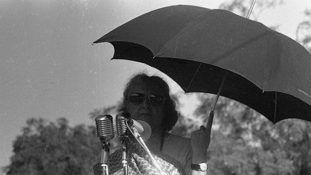 Indira Gandhi addresses a rally at her residence on June 24, 1975, a day before the declaration of what became a 21-month long state of internal emergency by President Fakhruddin Ali Ahmed on the Prime Minister’s advice. The Emergency gave Indira Gandhi extraordinary legislative powers with extensive crackdowns on political opposition during the period. (Rane Prakash / HT Photo)