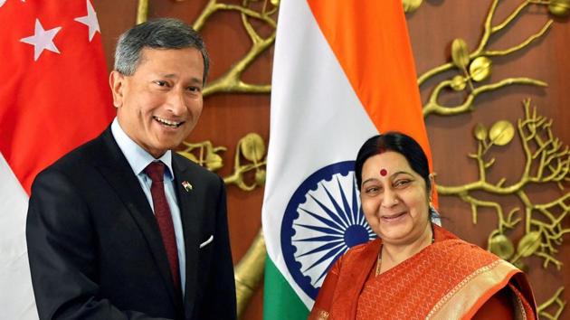 Minister for external affairs Sushma Swaraj shakes hands with Vivian Balakrishnan, minister of foreign affairs of Singapore before a meeting in New Delhi on Tuesday. (PTI Photo) Minister for external affairs Sushma Swaraj shakes hands with Vivian Balakrishnan, minister of foreign affairs of Singapore before a meeting in New Delhi on Tuesday. (PTI Photo)