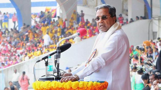 Karnataka Chief Minister Siddaramaiah speaks during the 62nd Kannada Rajyotsava Day (Karnataka state formation day) function at Kanteerava stadium in Bengaluru on Wednesday.(PTI)